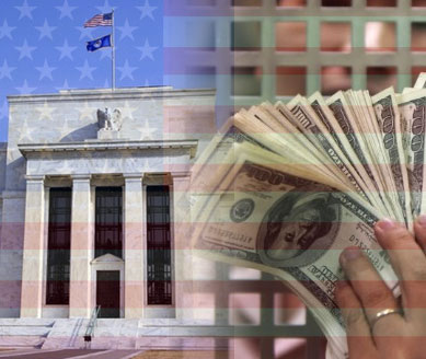 fotomontaje, a la izquierda aparece el edificio de la Reserva Federal del Tesoro de los EEUU, a la derecha el «billete verde».